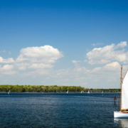 A sailboat in St. Michaels during the best time to visit the Eastern Shore of Maryland